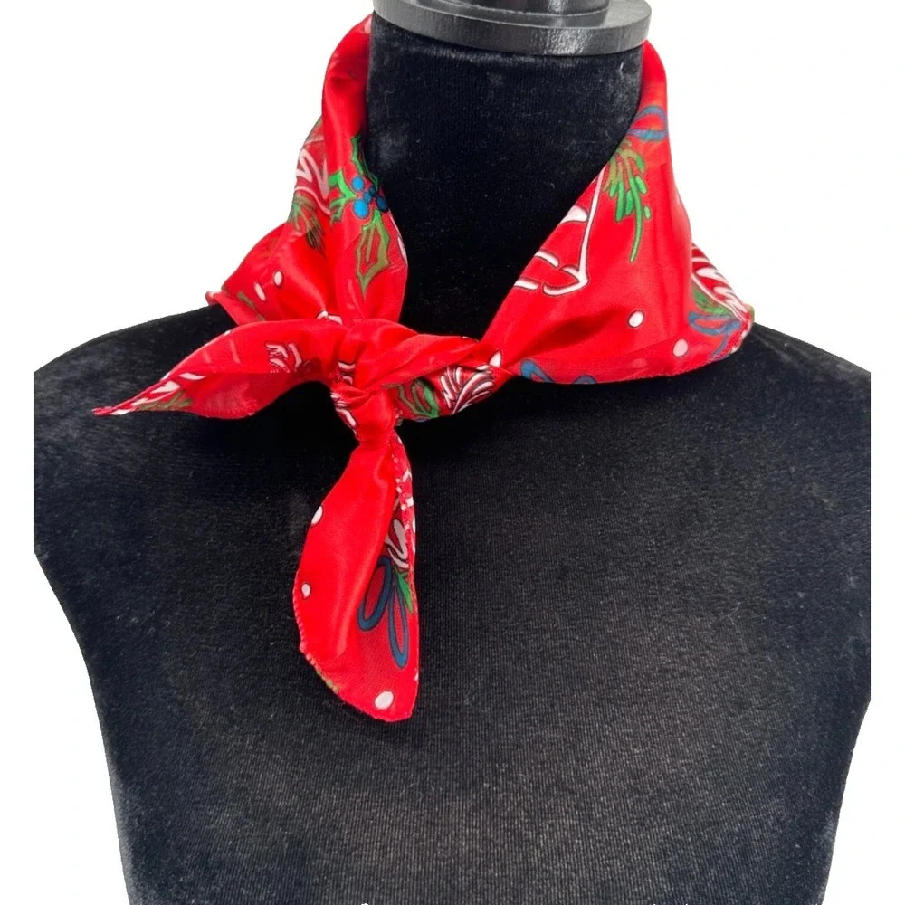 Classic Womens Red Tone‎ On Tone Stripe Holiday Silver Bells Square Scarf Korea